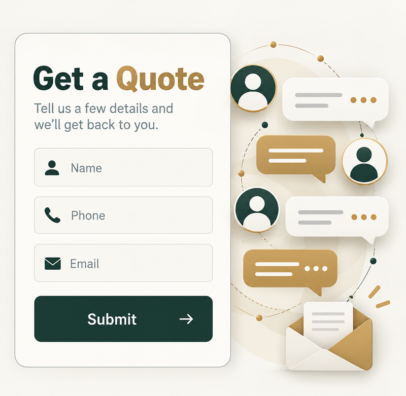 Get a quote form collecting name, phone and email, surrounded by incoming chat messages
