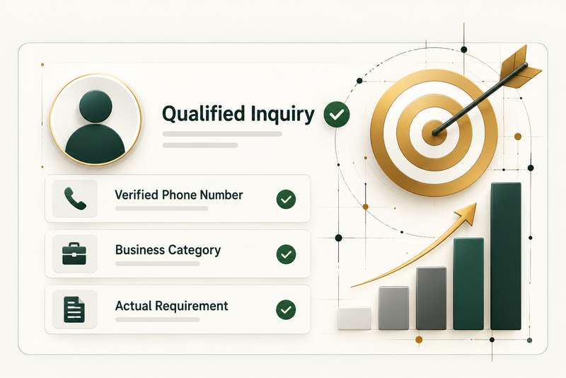 Qualified inquiry card with verified phone number, business category and actual requirement, beside a target and rising growth chart