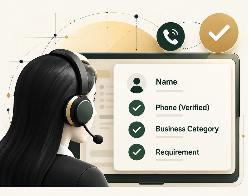 Support agent with a headset verifying name, phone, business category and requirement on screen